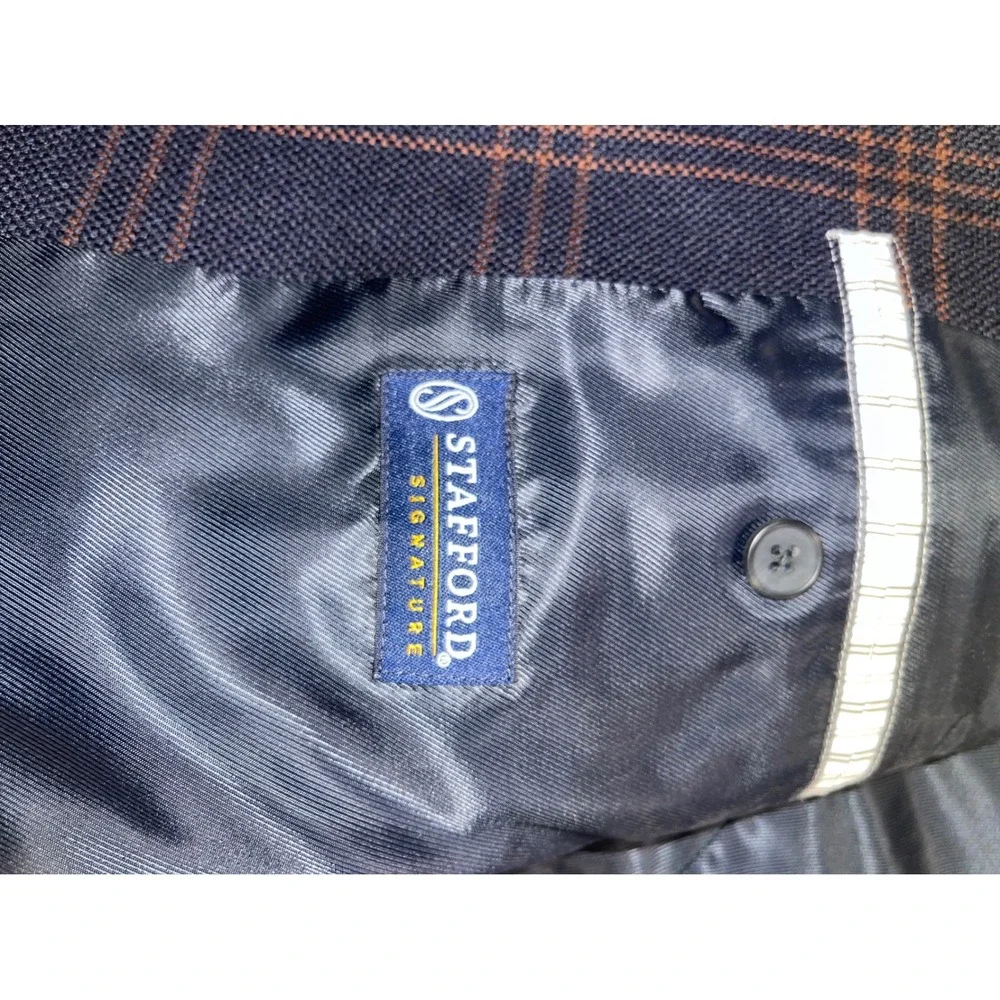 Stafford Navy Blue Plaid Sport Coat Slim Fit 100% Wool Blazer 44L